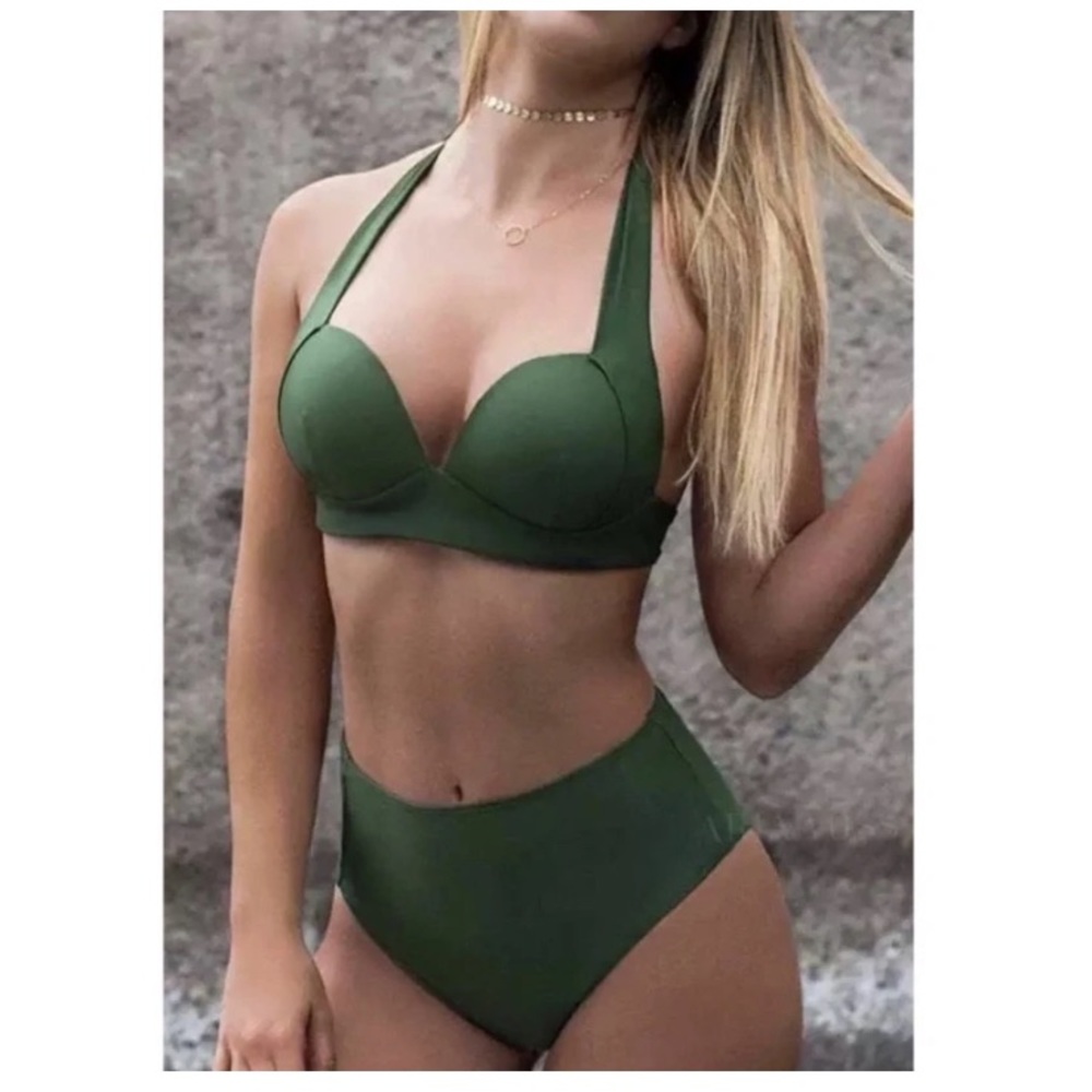 High waisted Army Green Halter Top Bikini